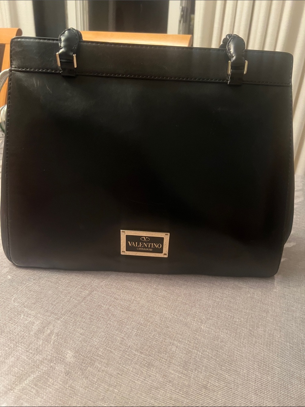 Valentino Garavani Black Leather Shoulder Tote with Gold Plaque